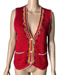 Vintage Cardigan Vest Womens Large Star Cody Beaded Silk Blend Red